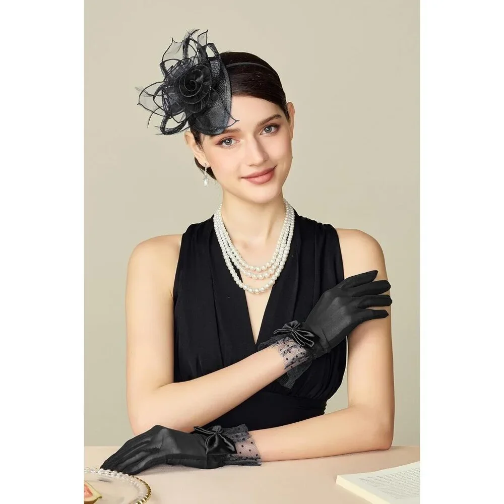 Women's Bow Gloves Black Short Lace Evening Wedding Accessories Party Prom